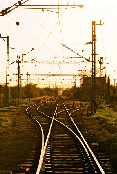 Tramonto Sulla Stazione Ferroviaria Ungheria — Foto Stock