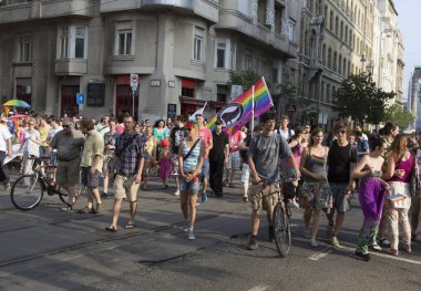 BUDAPEST, HUNGARY - 6 Temmuz 2013 'te Budapeşte, Macaristan' da LGBT (lezbiyen, gey, biseksüel ve transseksüel) haklarını desteklemek için düzenlenen Eşcinsel Onur Yürüyüşüne kimliği belirsiz kişiler katıldı..
