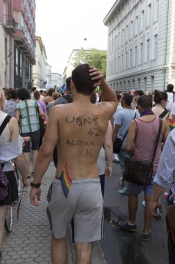 BUDAPEST, HUNGARY - 6 Temmuz 2013 'te Budapeşte, Macaristan' da LGBT (lezbiyen, gey, biseksüel ve transseksüel) haklarını desteklemek için düzenlenen Eşcinsel Onur Yürüyüşüne kimliği belirsiz kişiler katıldı..