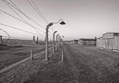OSWIECIM, POLAND - 22 Ekim 2012 'de Polonya' nın Oswiecim kentinde eski bir Nazi imha kampı olan Auschwitz Kampı 'nda dikenli teller. Avrupa 'daki en büyük Nazi toplama kampıydı.