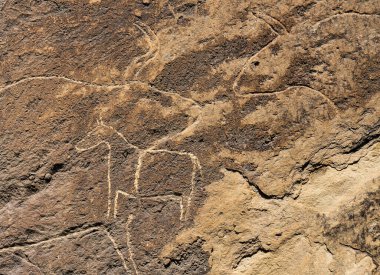 Gobustan Ulusal Parkı 'nda antik kaya oymacılığı. Bakü, Azerbaycan yakınlarındaki Gobustan 'da Petroglyphs Sergisi.