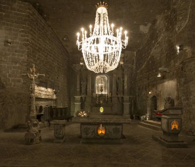 WIELICZKA, POLAND - 23 Ekim: Wieliczka tuz madeni (13. yüzyıl) dünyanın en eski tuz madenlerinden biridir. 9. katta 300 'den fazla koridor ve 300' den fazla odası var. 23 Ekim 2012, Wieliczka, Polonya.