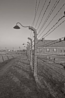 OSWIECIM, POLAND - 22 Ekim 2012 'de Polonya' nın Oswiecim kentinde eski bir Nazi imha kampı olan Auschwitz Kampı 'nda dikenli teller. Avrupa 'daki en büyük Nazi toplama kampıydı.