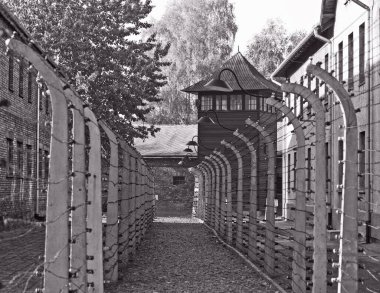 OSWIECIM, POLAND - 22 Ekim 2012 'de Polonya' nın Oswiecim kentinde eski bir Nazi imha kampı olan Auschwitz Kampı 'nda dikenli teller. Avrupa 'daki en büyük Nazi toplama kampıydı.