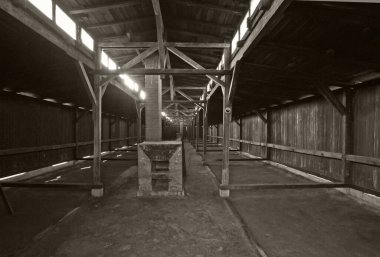 OSWIECIM, POLAND - 22 Ekim 2012 'de Polonya' nın Oswiecim kentinde eski bir Nazi imha kampı olan Auschwitz II 'deki kışla. Avrupa 'daki en büyük Nazi toplama kampıydı.. 