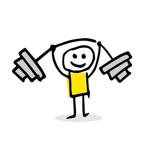 Feliz atleta sonriendo a pesar de sostener peso pesado . — Vector de stock