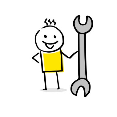 Mutlu çalışan bir İngiliz anahtarı tutan. Sopa şekil.