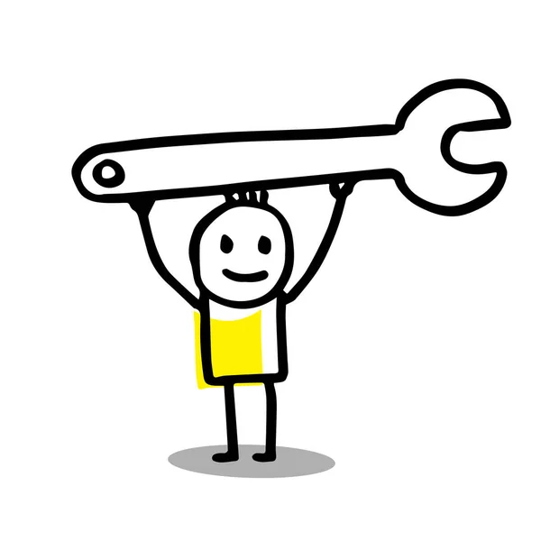 Stick figure illustration holding his wrench like a winner. — Stock Photo, Image