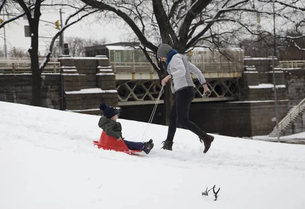 Anne çocuğunu Bronx Ny park karda kızakta binmek yardımcı olur. — Stok fotoğraf