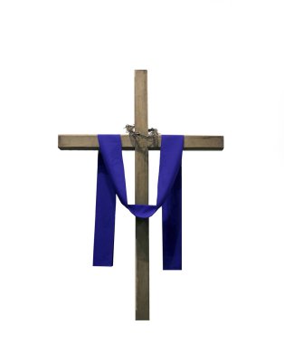 Wooden cross draped with purple fabric and thorns clipart