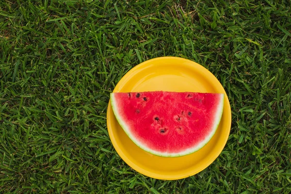Fresh Watermelon Slice Yellow Plate Summer Time — Stock Photo, Image