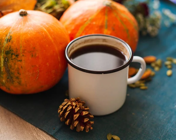 Cozy Autumn Morning with Cup of Coffee, Decorative Pumpkins, Nuts, Cones. Halloween Mood