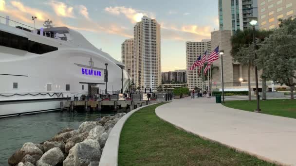 迈阿密 佛罗里达州 Usa 2019年1月5日 美国国旗在建筑物背景 迈阿密市中心著名地区拜赛德的人们 — 图库视频影像