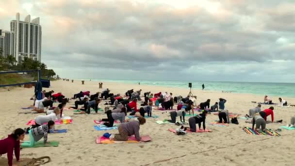 迈阿密 Usas 191919 1月20日 日落沙滩上的团体瑜伽班 在海滩上练习瑜伽的一群人 迈阿密的满月 — 图库视频影像