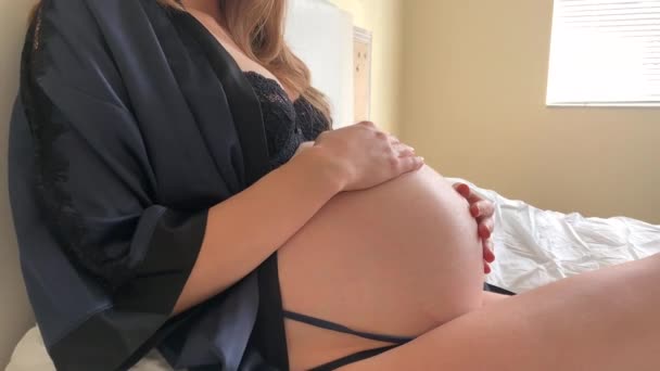 Faceless Side View Shot Pregnant Woman Stroking Belly Love While — Stok Video