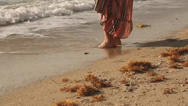 Pés Femininos Ondas Oceano Areia Tema Férias Relaxante Mulher Vestido — Vídeo de Stock