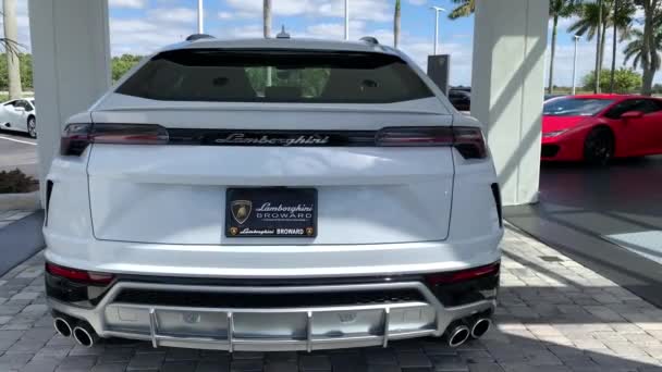 迈阿密 佛罗里达州 2019年4月16日 豪华白色兰博基尼乌鲁斯停在布劳沃德的街道 汽车闪烁报警 后视图 兰博基尼乌鲁斯是一款由意大利汽车制造商生产的Suv — 图库视频影像