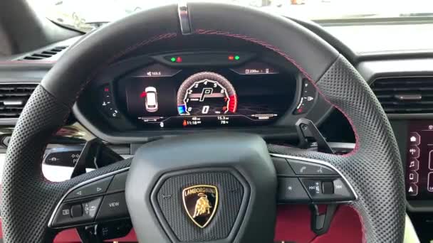 Miami Fl Usa April 16 2019 Interior View With Steering Wheel Of Luxury Expensive New White Lamborghini Urus