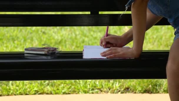 女孩坐在长凳上 在公园里画记着记号 夏天的时候 童年概念 — 图库视频影像