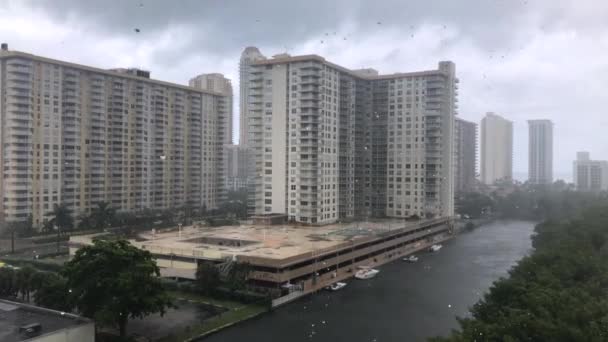 Regenachtig Weer Regendruppels Moderne Gebouwen Kanaalzicht Een Achtergrond Zware Regen — Stockvideo
