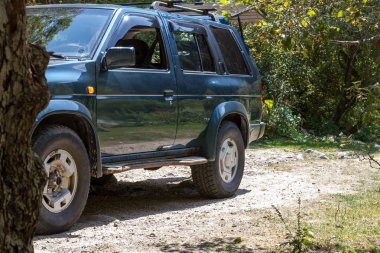 Bir ağacın altında bir toprak yol üzerinde SUV duruyor