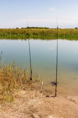 balıkçılık çubuklar bekleyen göl kıyısında ısırmak