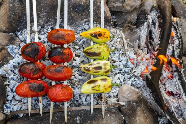 Pimenta Tomates São Cozidos Carvão Vegetal — Fotografia de Stock