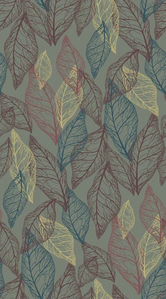 La repetición de los esqueletos de las hojas los colores de la tierra sobre el fondo verde grisáceo. vector ilustración patrón sin costura — Archivo Imágenes Vectoriales