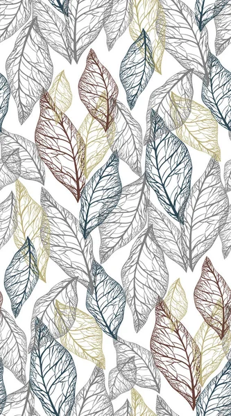 Esqueletos de hojas de diferentes colores claros sobre un fondo gris oscuro, patrón vectorial sin costuras — Archivo Imágenes Vectoriales