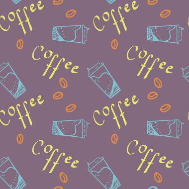 kahve yazıt ve kahve fincanı ile fasulye Dikişsiz desen tasarımı, kağıt veya dekorasyon sarma için götürün. vektör çizim