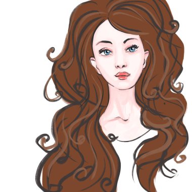 el çizilmiş şekilde uzun koyu kaş saç ile güzel kadın