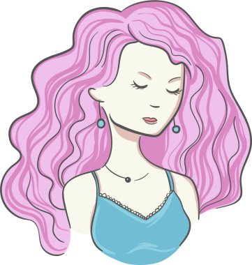 Kıvırcık pembe saçlı elle çizilmiş kadın. Vektör illüstrasyon. Tasarım, kartlar, web için eleman. Tatlı kız.