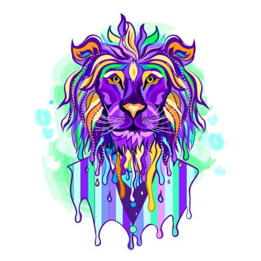Aslan başlı iş adamı vektör çizimi. Pop sanat stili. Damlayan boya portresi. Takım elbiseli aslan.