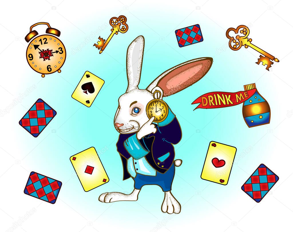 White Rabbit with pocket watch. Alice in Wonderland. Set of elements