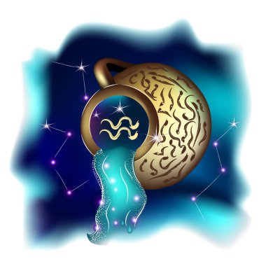 Astroloji burcu Aquarius Zodiac olan sihirli büyü kartı. Gerçekçi bir el, su testisi çizimi. Zodiac karakteristiği