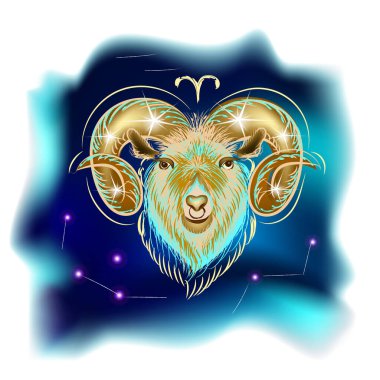 Astroloji burcuyla modern büyü kartı. Koç burcu. Gerçekçi el çizimi koçbaşı ya da muflon kafası. Zodiac karakteristik çizgi film