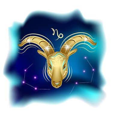 Oğlak burcu, astroloji burcu burcu olan sihirli cadılık kartı. Gerçekçi el çizimi koçbaşı ya da muflon kafası. Zodiac karakteristiği