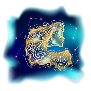 Astroloji burcuyla modern büyü kartı. Başak burcu işareti. Gerçekçi el çizimi kadın kafası. Zodiac karakteristiği