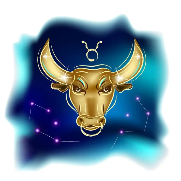 占星術の魔法の魔術カード青の背景に牡牛座星座 牛頭ロゴデザイン — ストックベクタ