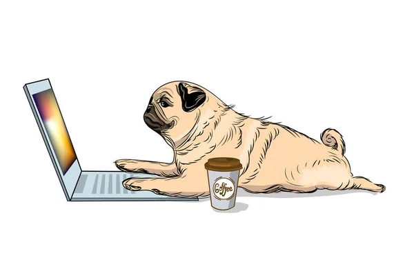 Cão Pug Bonito Sentado Laptop Cartaz Humor Composição Shirt Impressão —  Vetores de Stock