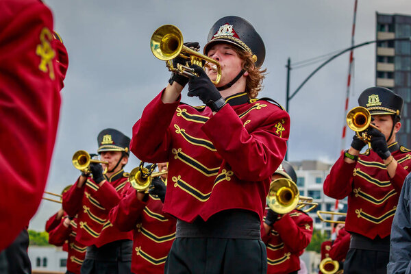 Portland, Oregon, USA - June 9, 2018: South Kitsap High School Marching Band in the Grand Floral Parade, during Portland Rose Festival 2018.