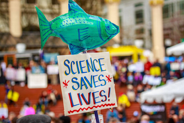 Portland, Oregon - April 14, 2018: People with signs at Portland March for Science.