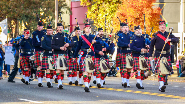 Portland, Oregon, USA - November 12, 2018: Portland Police Highland Guard Pipe Band in the annual Ross Hollywood Chapel Veterans Day Parade, in northeast Portland.
