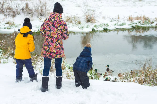 family mom daughter and son feed hungry ducks an icy lake