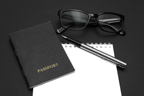 Black Table Ink Pen Glasses White Sheet Notebook Passport — Stock Photo, Image