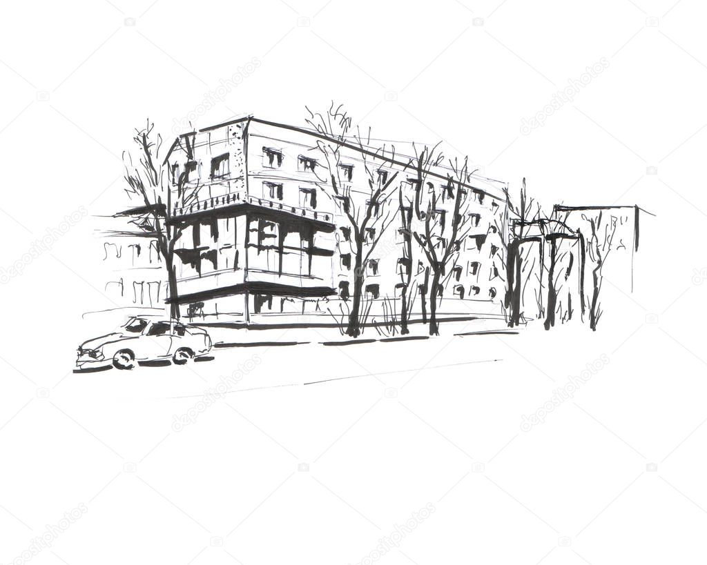 Black and white sketch of a moscow city street