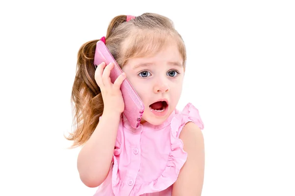 Menina Encantadora Fala Por Telefone Celular Isolado Fundo Branco — Fotografia de Stock