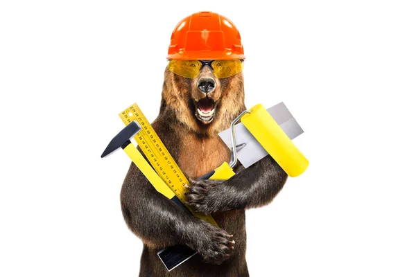 Portrait Bear Construction Helmet Tools Hand Isolated White Background — Stock Photo, Image