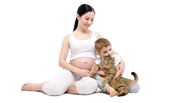 Beautiful Young Pregnant Woman Son Cat Isolated White Background — Stock Photo, Image