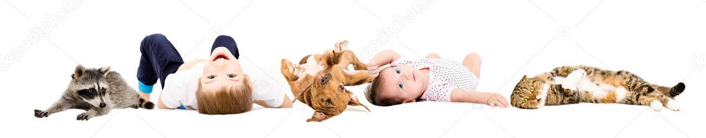Group of cute children and pets lying isolated on white background